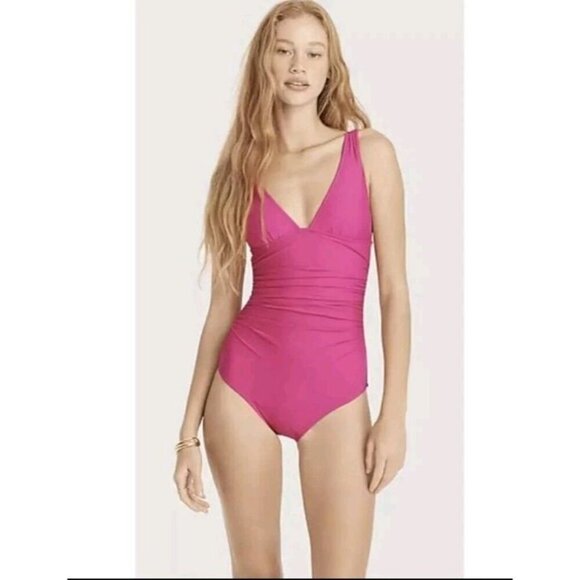 J. Crew Long-Torso Ruched V-Neck One Piece Swim Radiant Fuchsia Pink Size 6 (851 - Picture 1 of 5